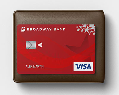 A Broadway Bank Visa® Everyday Rewards+ Credit Card sitting on top of a wallet