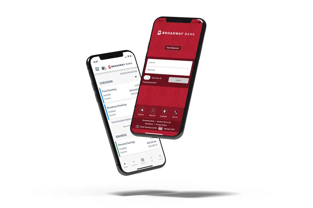 the Broadway Bank mobile app on two phones