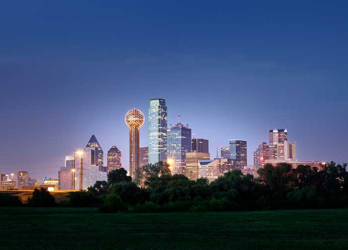 a photo of the Dallas, Texas skyline at night