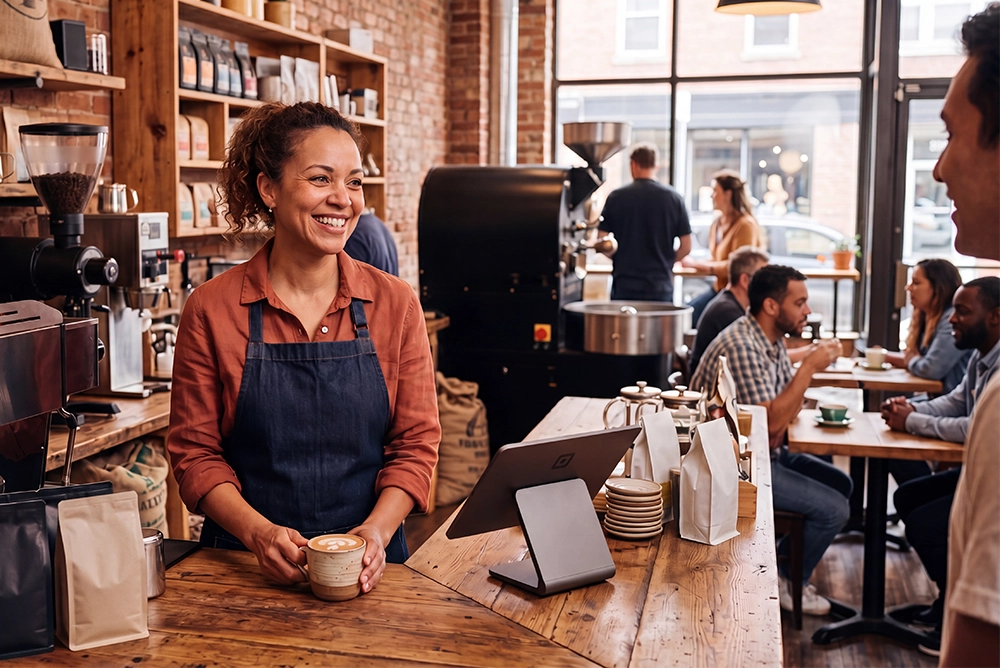 a business woman talking to a client at a coffee shop