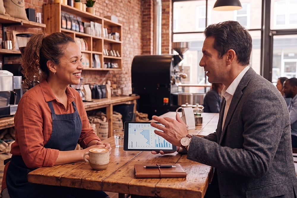 a business woman talking to a man 