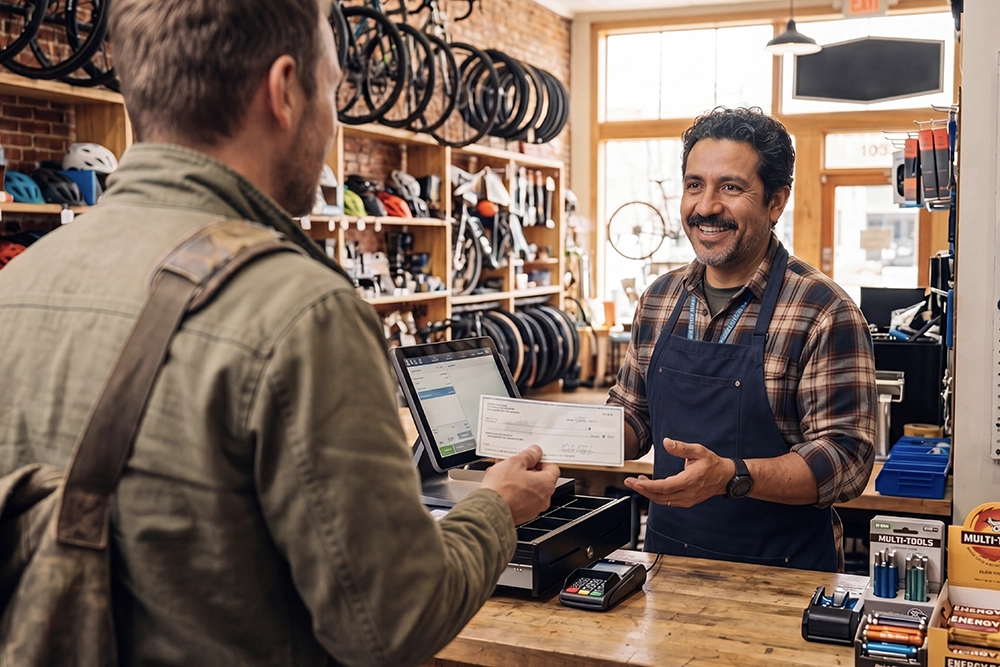 a hispanic business owner talks to a customer at the chechout counter