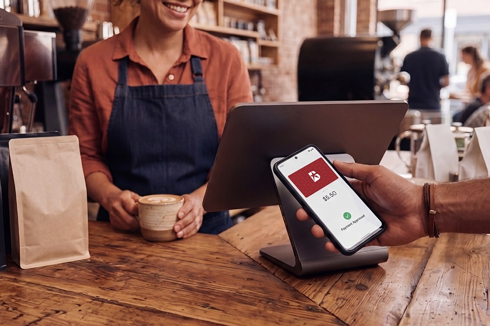a male customer making an electronic payment at a coffee shop 