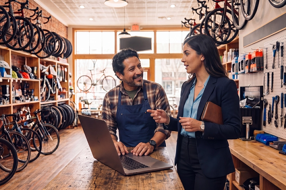 a man and a woman talking in a bike shop