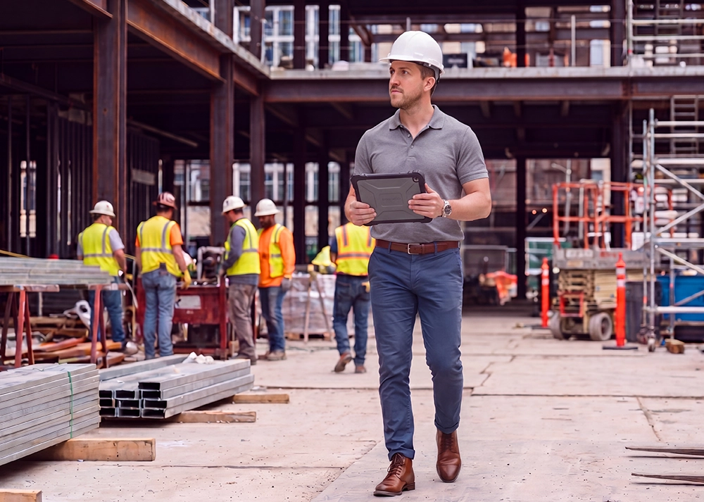 a man holding a hard hat walking at a construction site