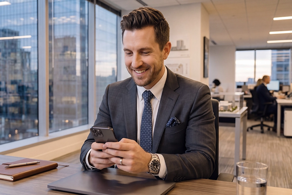 a man sitting in the office smiling looking at his phone