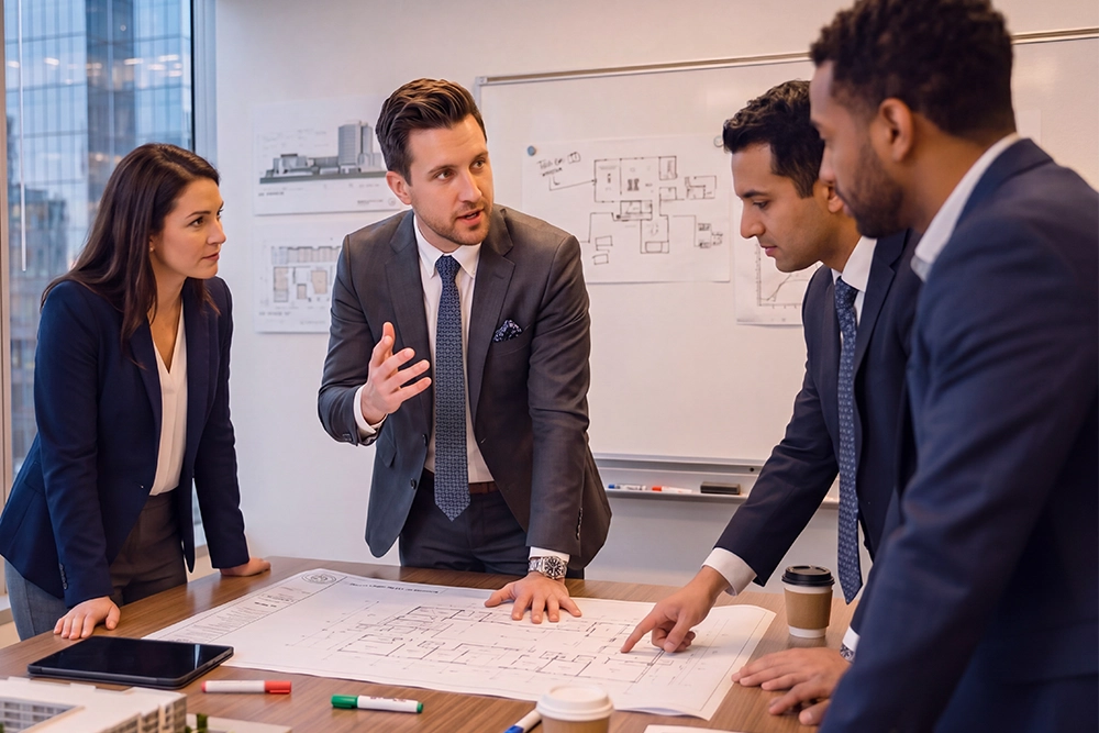 a team of three men and woman discussing plans in an office
