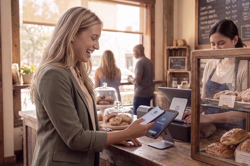 a young woman making an electronic payment