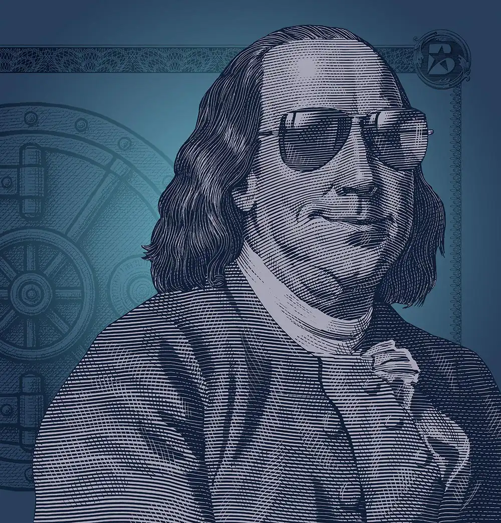 Picture of Ben Franklin wearing glasses