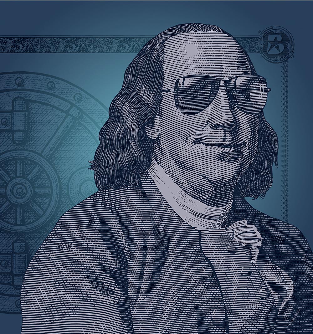 Picture of Ben Franklin wearing glasses