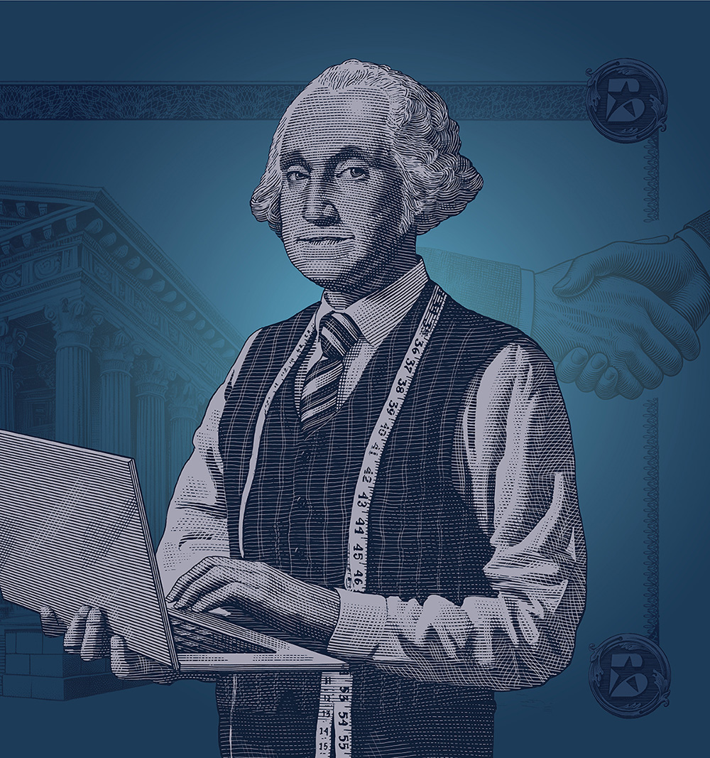 A rendering of George Washington holding a laptop with a measuring tape around his neck