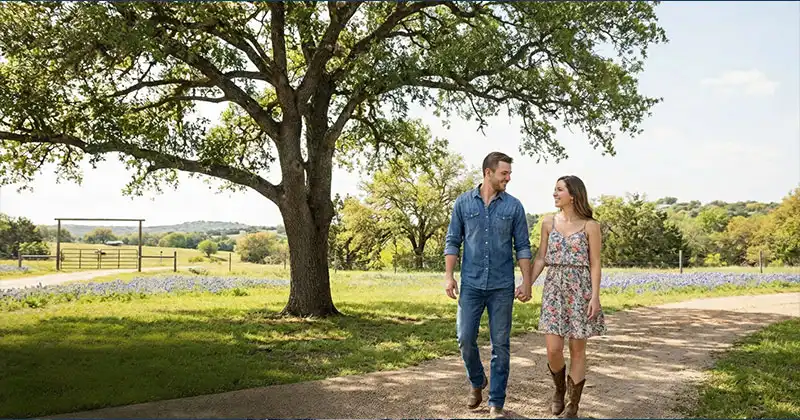 A couple walking on a farm