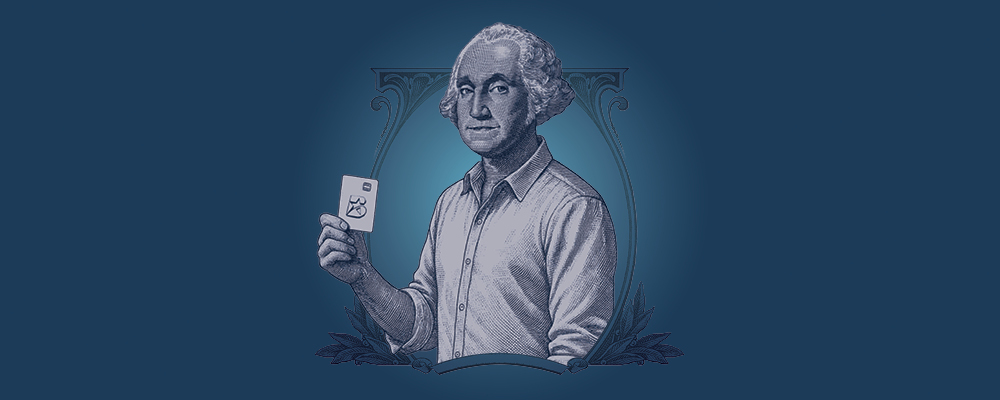 A rendering of George Washington holding a Broadway Bank debit card