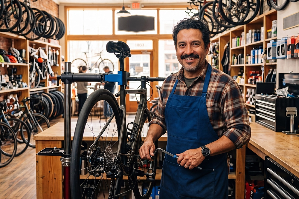 Hispanic male in his bike shop