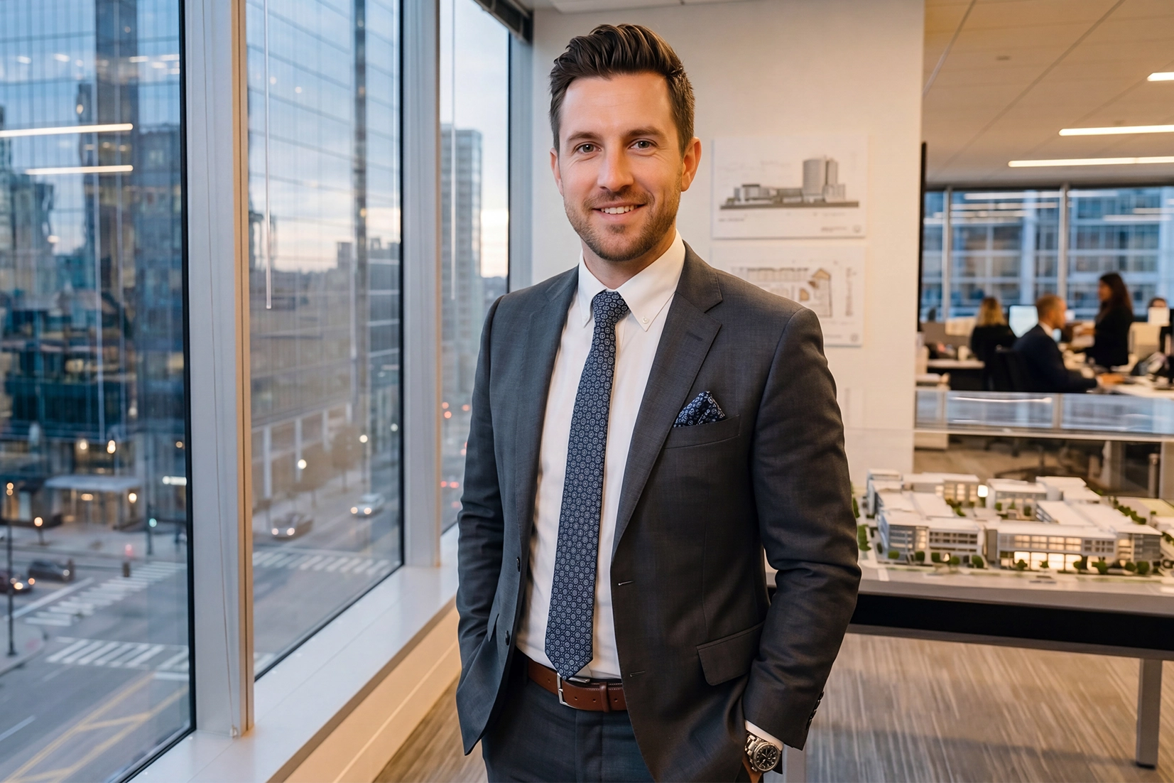 a man standing in an office building smiling with hands in his pocket