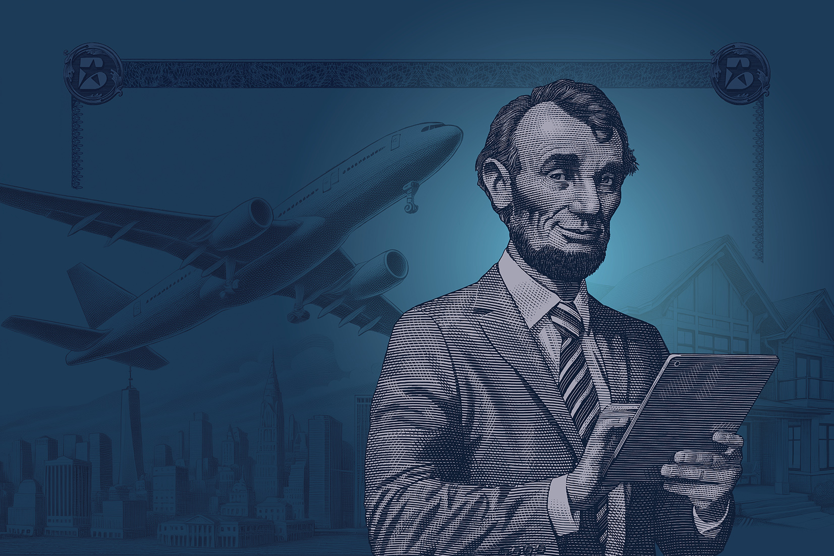 A rendering of Abraham Lincoln holding a mobile tablet