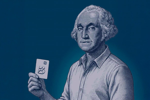 Image of George Washington holding a Broadway Bank debit card