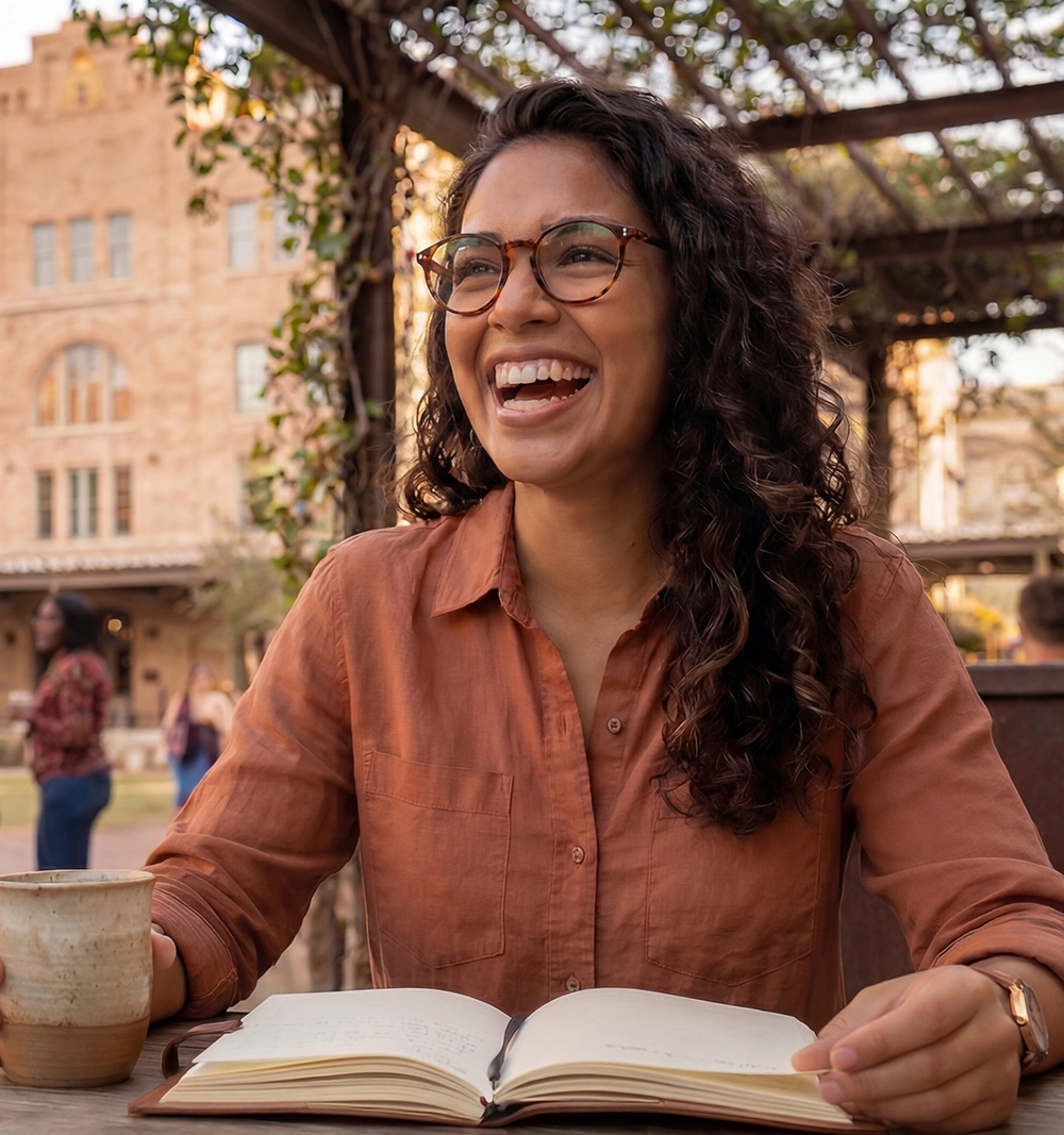 A picture of young lady sitting with a cup of coffee
