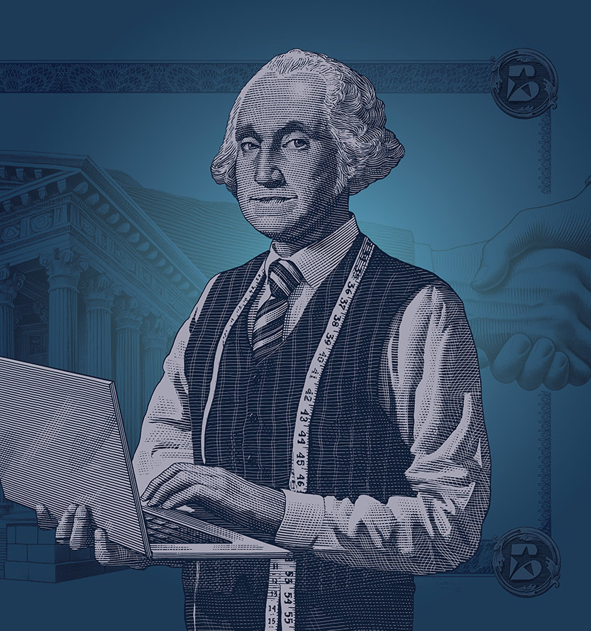Presidents Campaign - a drawing of George Washington holding a laptop