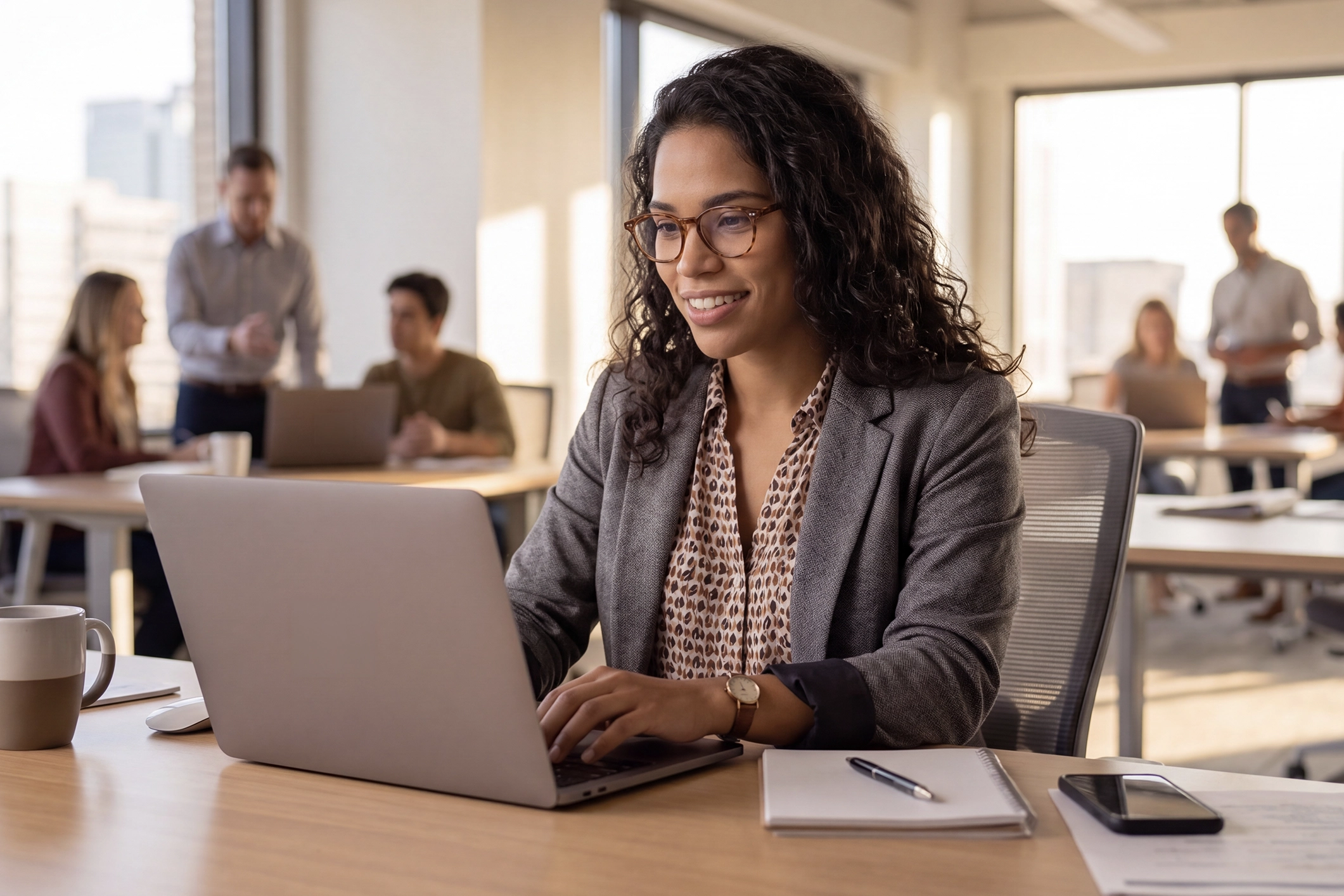 A young lady looking at a laptop smiling