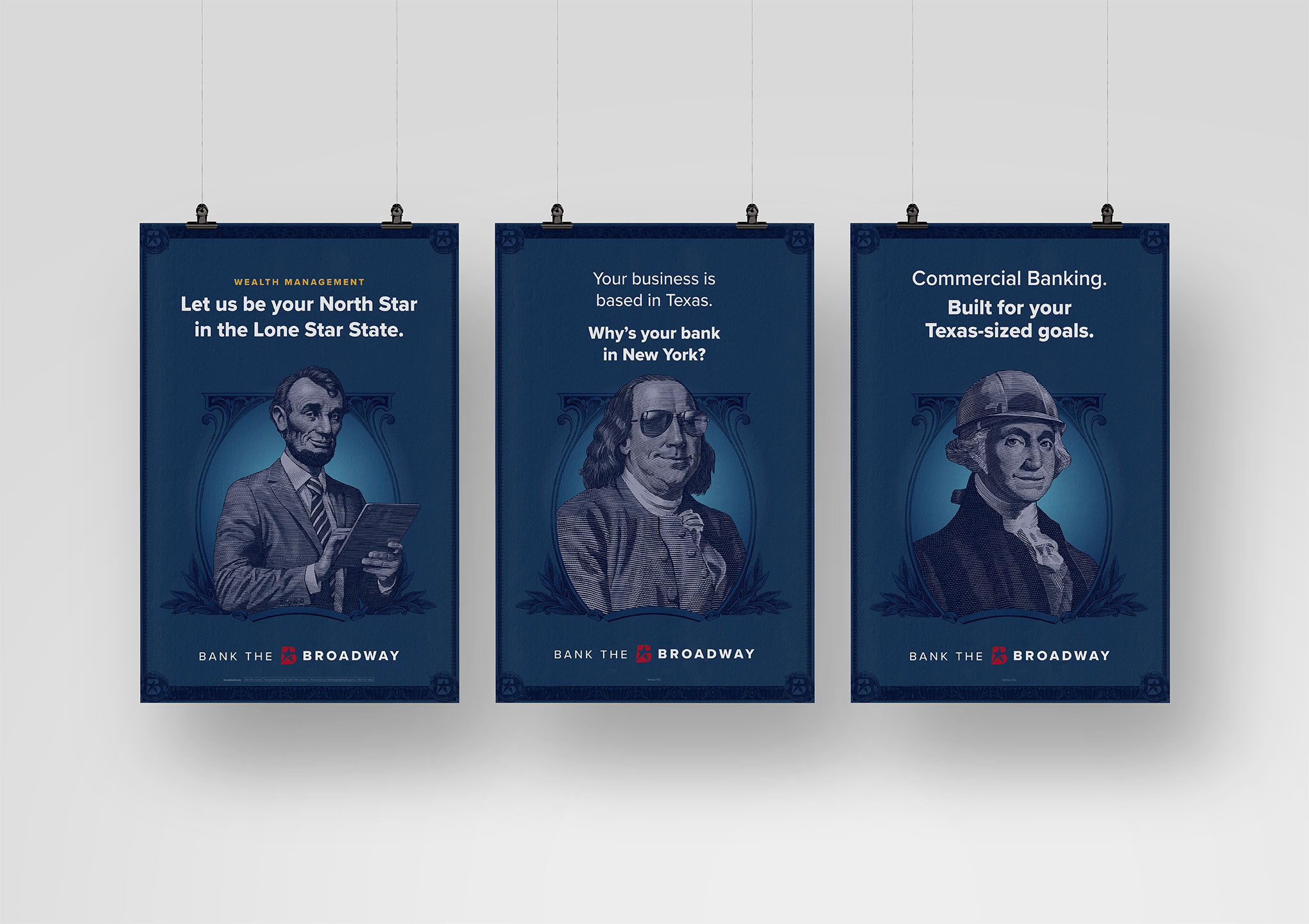 Three promotional posters featuring historical figures discussing banking services, with a focus on Texas for business and wealth management.