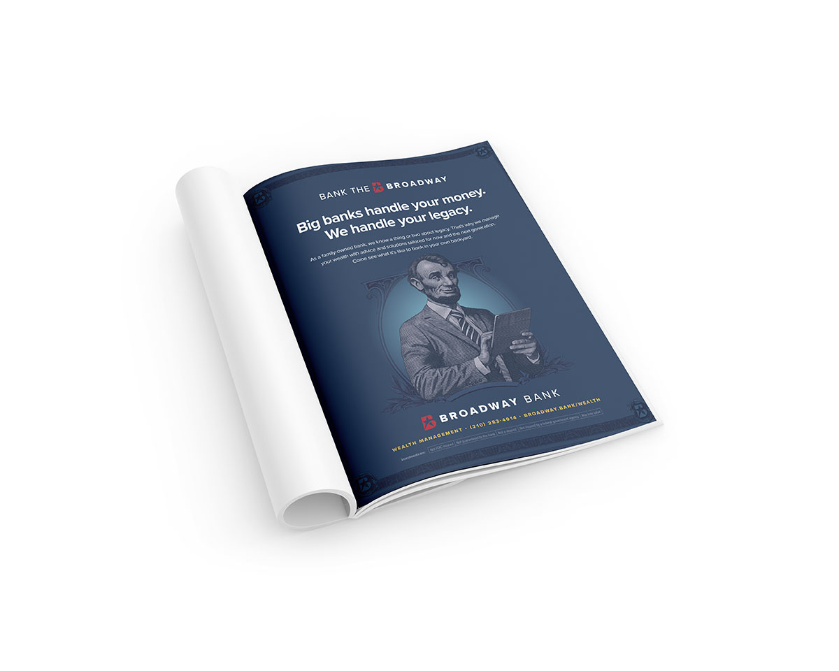 Promotional flyer for Broadway Bank featuring a businessman delivering a message about managing customer finances.