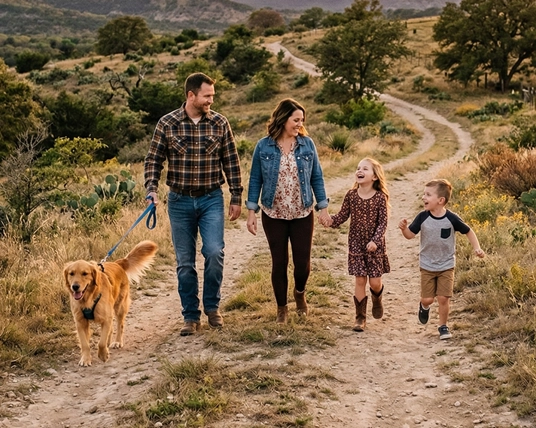 A family walking with two kids and their down on a country road