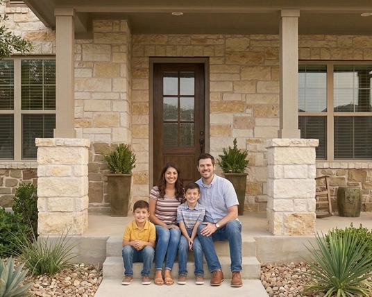A family sitting on the porch