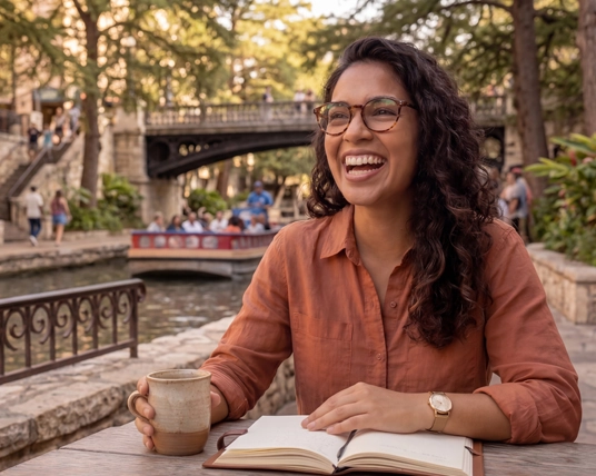 A young lady smiling at the river walk