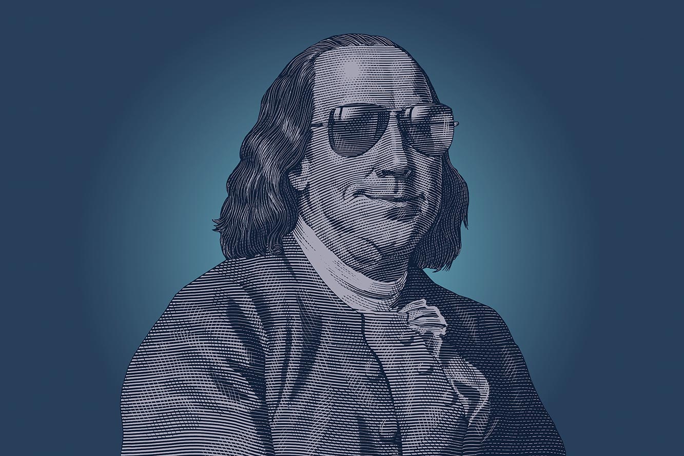 A rendering of Ben Franklin wearing glasses