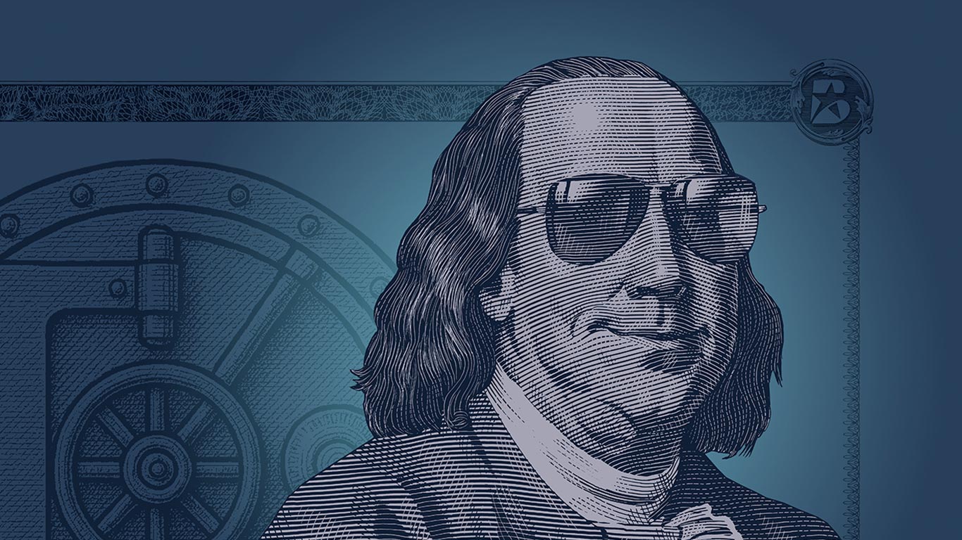 Rendered picture of Ben Franklin wearing glasses 