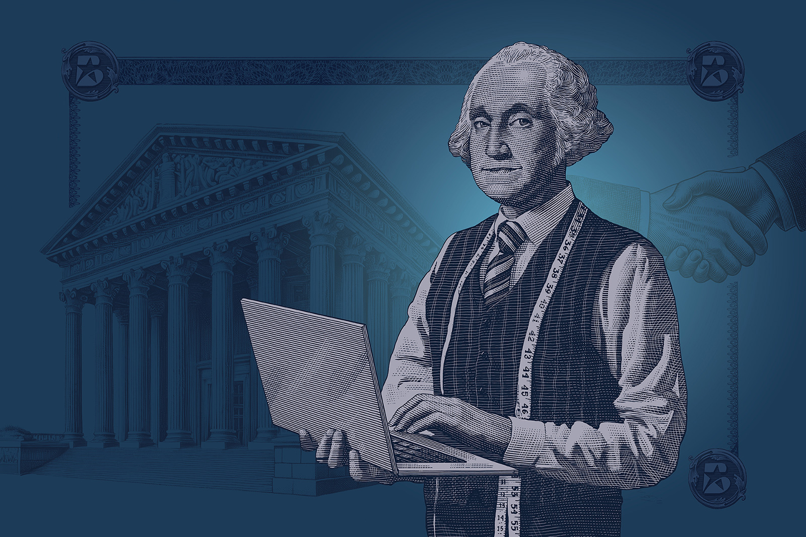 A rendering of George Washington holding a laptop with a measuring tape around his neck