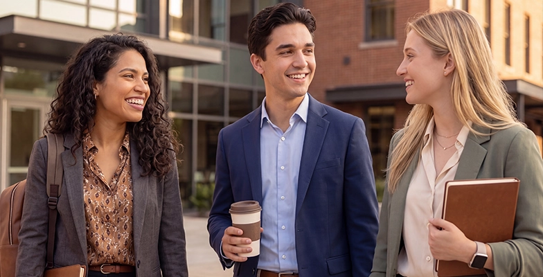 three young people talking outside